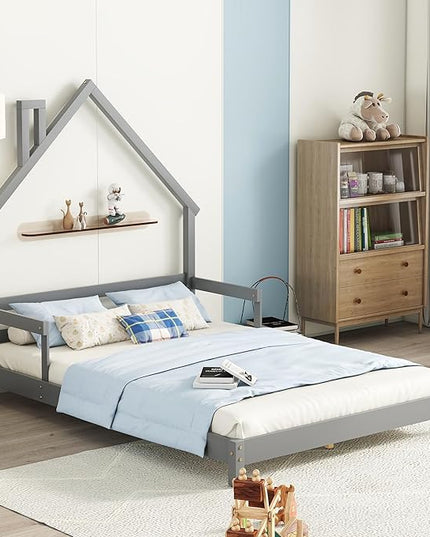Bellemave Full Size Bed Frame for Kids,Low Platform Bed with House-Shaped Headboard and Handrails,Full Bed for Girls,No Box Spring Needed(Grey) - LeafyLoom