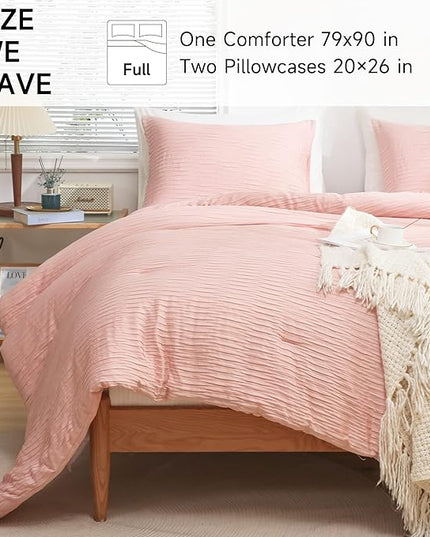 Blush Seersucker Comforter Set Full Size (79x90 in), 3 Pieces Soft Crinkled Textured Comforter with 2 Pillowcases, Lightweight Microfiber Down Alternative Bedding Set for All Season - LeafyLoom