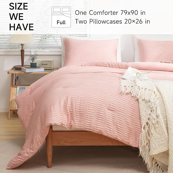 Blush Seersucker Comforter Set Full Size (79x90 in), 3 Pieces Soft Crinkled Textured Comforter with 2 Pillowcases, Lightweight Microfiber Down Alternative Bedding Set for All Season - LeafyLoom