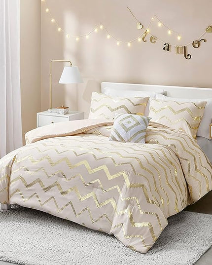 Codi Cream White and Gold Comforter Set for Full/Queen Size Bed, Cute Metallic Ivory Bed Sets, 4 Piece (2 Matching Shams + 1 Decorative Pillow) - LeafyLoom