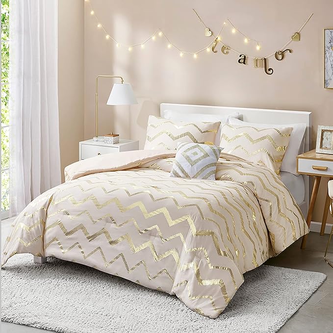 Codi Cream White and Gold Comforter Set for Full/Queen Size Bed, Cute Metallic Ivory Bed Sets, 4 Piece (2 Matching Shams + 1 Decorative Pillow) - LeafyLoom