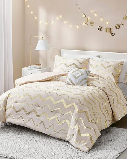 Codi Cream White and Gold Comforter Set for Twin/Twin XL Size, Cute Metallic Ivory Bed Sets, 3 Piece (1 Matching Sham + 1 Decorative Pillow) - LeafyLoom