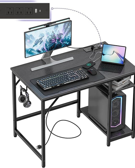 Small Computer Desk, 40 inches desk with 2 Shelves, Home Office Desk with USB/Type-C Charging Ports & Power Outlets, Study Table for Adults, Black - LeafyLoom