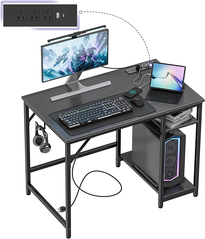 Small Computer Desk, 40 inches desk with 2 Shelves, Home Office Desk with USB/Type-C Charging Ports & Power Outlets, Study Table for Adults, Black - LeafyLoom