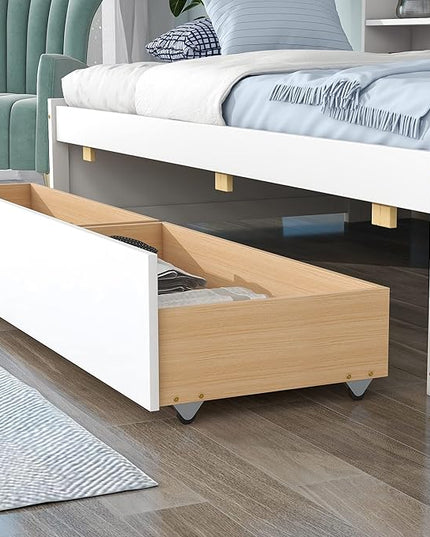 Twin Size Platform 2 Storage Drawers and Side Bookcase, Solid Wood Day Captain, Ideal Bed Frame for Bedroom, Living Room, White - LeafyLoom