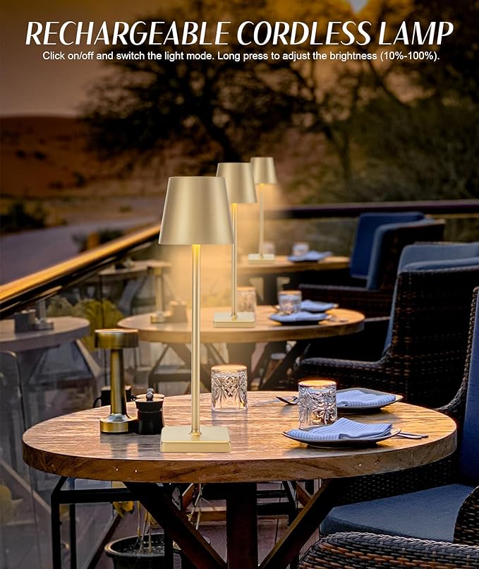 Gold Cordless Table Lamp, Aluminum Shell LED Rechargeable Desk Lamp, 3W 5200mAh Battery Operated Table Light, 3 Color Stepless Dimming Up Waterproof for Living Room/Indoor/Outdoor (Gold) - LeafyLoom