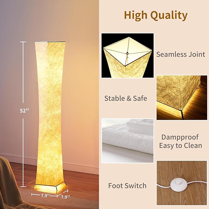 chiphy Floor Lamp, RGB 52'' Standing Lamps, 7 Colors Changing and Dimmable LED Bulbs, Remote Control and White Fabric Shade, Modern for Bedroom, Living Room and Play Room - LeafyLoom