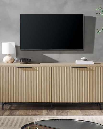 Walker Edison Modern Scandinavian Fluted Door Kitchen Storage Sideboard Buffet Cabinet Console, 69 Inch, Coastal Oak/Black - LeafyLoom