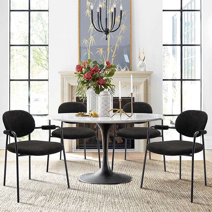 COLAMY Modern Accent Dining Chairs Set of 4, Boucle Dining Chairs with Arms, Comfy Small Sherpa Dining Armchairs with Back for Kitchen, Dining Room, Restaurant, Black - LeafyLoom