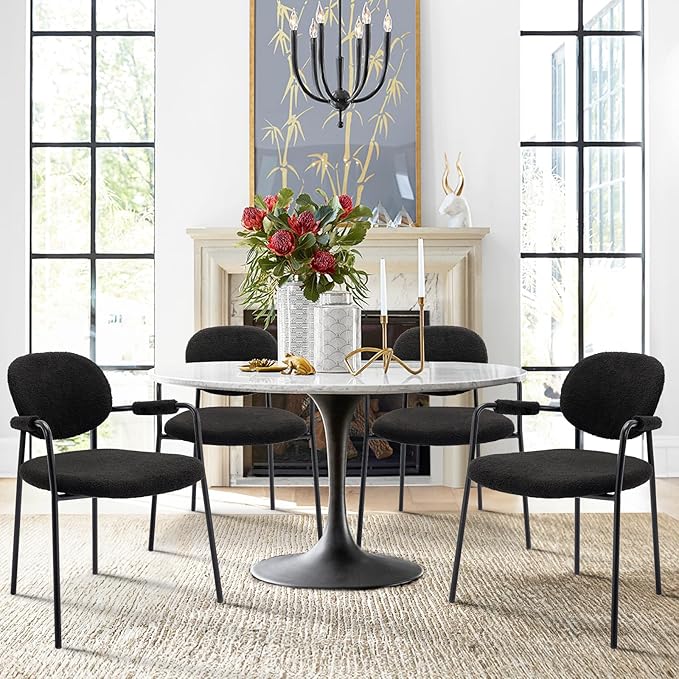 COLAMY Modern Accent Dining Chairs Set of 4, Boucle Dining Chairs with Arms, Comfy Small Sherpa Dining Armchairs with Back for Kitchen, Dining Room, Restaurant, Black - LeafyLoom
