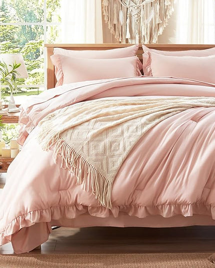 Anluoer Twin Comforter Set 5 Piece, Pink Bed in a Bag with Sheets, All Season Ruffle Shabby Chic Bedding Sets with 1 Comforter, 1 Pillow Sham, 1 Pillowcase, 1 Flat Sheet, 1 Fitted Sheet - LeafyLoom