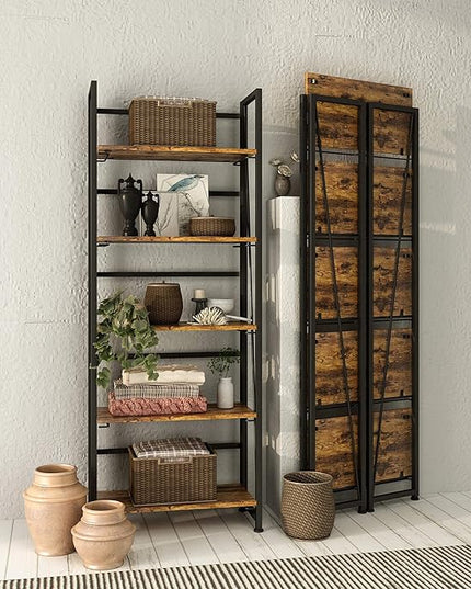 No-Assembly Folding Bookshelf Storage Shelves 5 Tiers Vintage Multifunctional Plant Flower Stand Storage Rack Shelves Bookcase for Home Office(Firestone and Black) - LeafyLoom