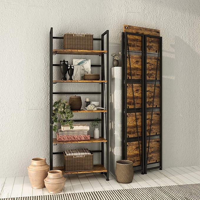 No-Assembly Folding Bookshelf Storage Shelves 5 Tiers Vintage Multifunctional Plant Flower Stand Storage Rack Shelves Bookcase for Home Office(Firestone and Black) - LeafyLoom
