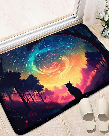 Moon Black Cat Rug - Mystical Stary Night Cat Rug for Kids Bedroom Colorful Black Cat Rug Decor Room Cat Door Mats Outdoor Entrance, 2x3 Feet - LeafyLoom