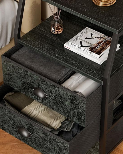 Furnulem 3 Drawers Nightstand with 2-Tier Shelf, Fabric Small Dresser Organizer Storage Tower for Bedroom, Hallway, Night Stand End Table Side Furniture, Sturdy Steel Frame, Wood Top(Dark Green) - LeafyLoom