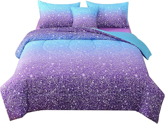 JQinHome Queen Blue Purple Comforter Set, 6 Piece Bed in A Bag 3D Colorful Ombre Bedding Set for Girls Women (1 Comforter,2 Pillowcases,1 Flat Sheet,1 Fitted Sheet,1 Cushion Cover)(Blue Purple) - LeafyLoom
