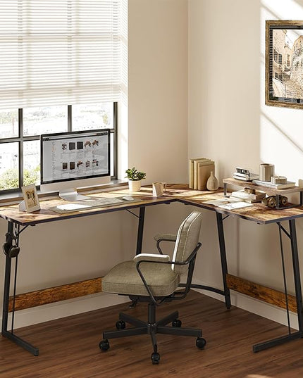 BANTI L Shaped Gaming Computer Office Desk, 59" Corner Desk with Monitor Stand for Home Office Study Writing Workstation, Rustic Brown - LeafyLoom