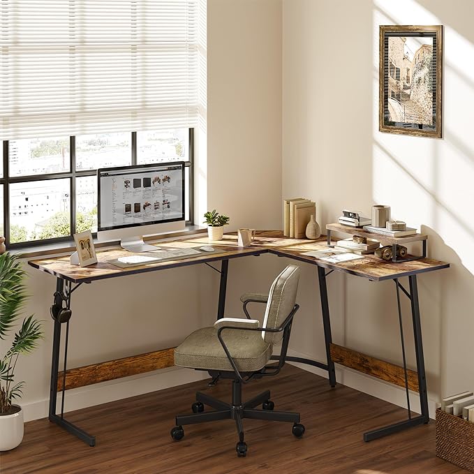 BANTI L Shaped Gaming Computer Office Desk, 67" Corner Desk with Monitor Stand for Home Office Study Writing Workstation, Rustic Brown - LeafyLoom