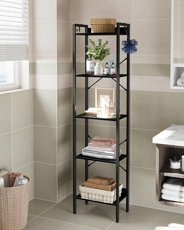 Bookshelf, Book Shelf, Industrial Bookcase with 2 Hooks, Coner Shelf Storage Organizer for Home Office, Living Room, Bedroom, Kitchen, 5-Tier Black BC10504B - LeafyLoom