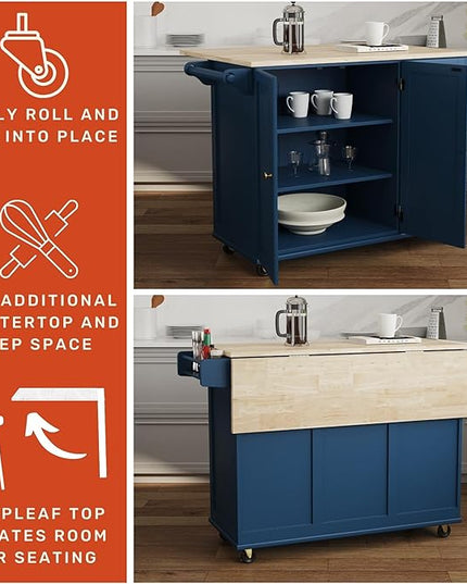 Homestyles Mobile Kitchen Island Cart with Wood Drop Leaf Breakfast Bar, Blue - LeafyLoom