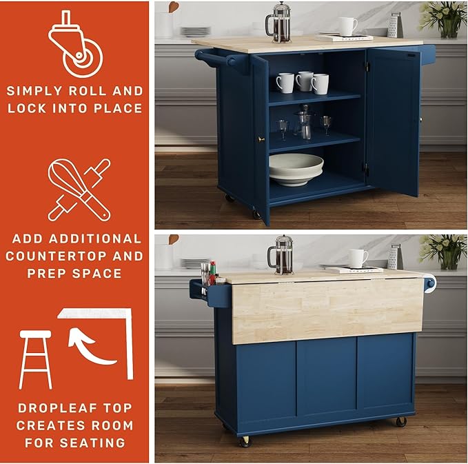 Homestyles Mobile Kitchen Island Cart with Wood Drop Leaf Breakfast Bar, Blue - LeafyLoom