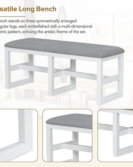78Inch Dining Table Set for 6, Extendable Dining Table with 18" Butterfly Leaf, 4 Upholstered Dining Chairs and Bench, Kitchen Table Set for Dining Room, White+Grey - LeafyLoom
