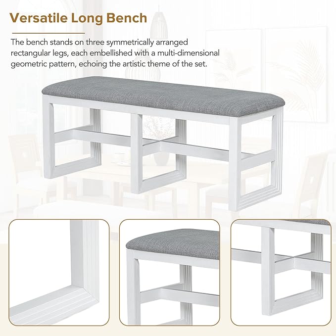 78Inch Dining Table Set for 6, Extendable Dining Table with 18" Butterfly Leaf, 4 Upholstered Dining Chairs and Bench, Kitchen Table Set for Dining Room, White+Grey - LeafyLoom