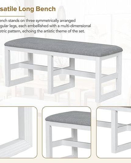 6-Piece Dining Set, Wood Extendable 78inch Kitchen Table with 18" Butterfly Leaf, 4 Upholstered Chairs & Long Bench, Dark Gray+White, 60"-78" L x 36" W x 30" H - LeafyLoom