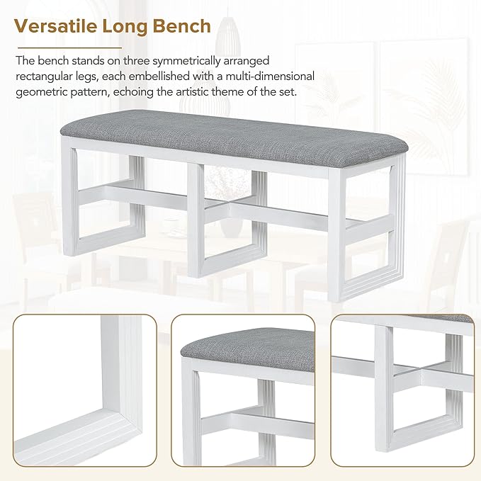 6-Piece Dining Set, Wood Extendable 78inch Kitchen Table with 18" Butterfly Leaf, 4 Upholstered Chairs & Long Bench, Dark Gray+White, 60"-78" L x 36" W x 30" H - LeafyLoom