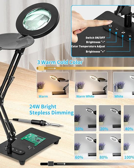 HITTI 10X Magnifying Glass with Light and Stand, Upgrade Base Button, 3 Color Modes Stepless Dimmable Magnifying Lamp, Adjustable Swing Arm LED Lighted Magnifier for Crafts Soldering Hobby - LeafyLoom