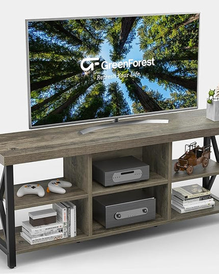 GreenForest TV Stand for TV up to 65 inches, Entertainment Center with 6 Storage Cabinet for Living Room, 55 inch Farmhouse Television Stands Console Table, Industrial TV stands for Living Room, Gray - LeafyLoom