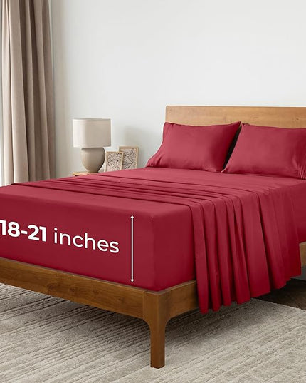 Mellanni Extra Deep Full Sheets - 4 PC Iconic Collection Bedding Sheets & Pillowcases - Hotel Luxury, Ultra Soft, Cooling Bed Sheets - Extra Deep Pocket up to 21 inch (Full, Brick Red) - LeafyLoom