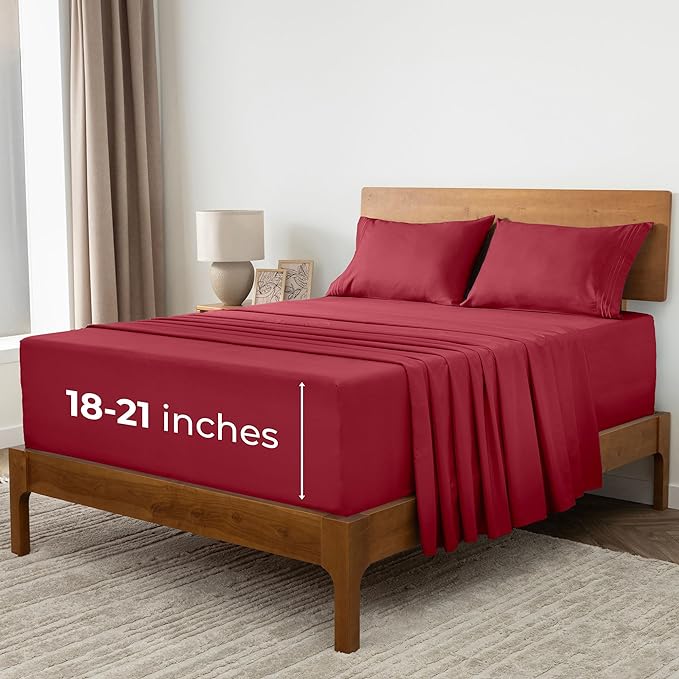 Mellanni Extra Deep Full Sheets - 4 PC Iconic Collection Bedding Sheets & Pillowcases - Hotel Luxury, Ultra Soft, Cooling Bed Sheets - Extra Deep Pocket up to 21 inch (Full, Brick Red) - LeafyLoom