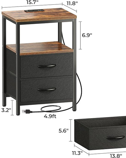Nightstand with Charging Station, Side Table with Fabric Drawers, End Table with Open Shelf, Bedside Table with USB Ports and Outlets, Night Stand for Bedroom, Rustic Brown and Black - LeafyLoom