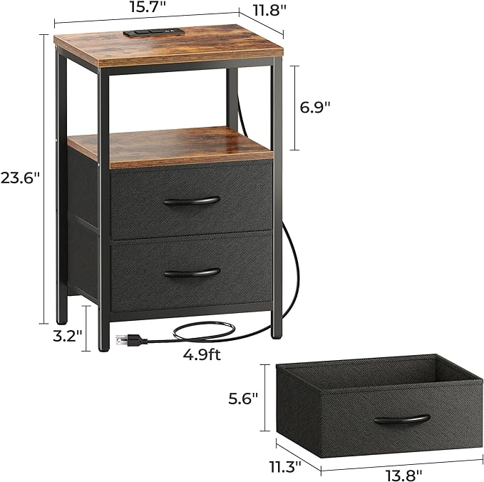 Nightstand with Charging Station, Side Table with Fabric Drawers, End Table with Open Shelf, Bedside Table with USB Ports and Outlets, Night Stand for Bedroom, Rustic Brown and Black - LeafyLoom