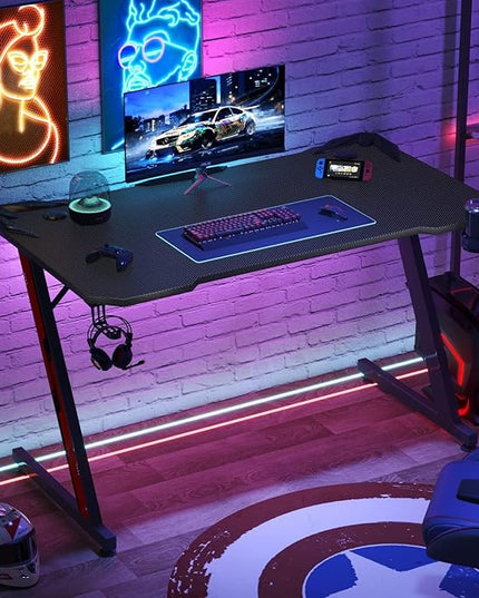 PC Gaming Desk 44 Inch Z Shaped Carbon Fiber Surface Desktop Computer Table with Cup Holder & Headphone Hook, Black - LeafyLoom