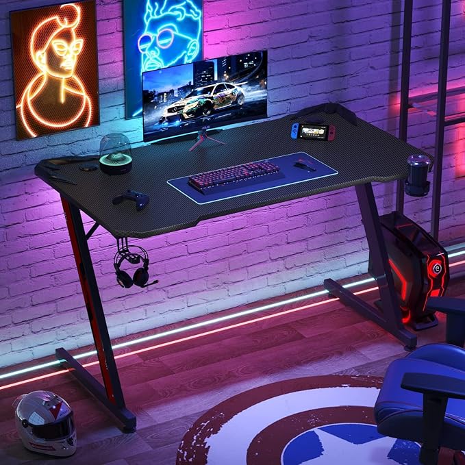PC Gaming Desk 44 Inch Z Shaped Carbon Fiber Surface Desktop Computer Table with Cup Holder & Headphone Hook, Black - LeafyLoom