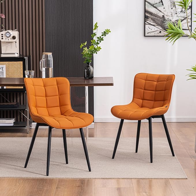 YOUTASTE Dining Chairs Set of 2, PU Leather Upholstered Modern Armless Dining Room Chair with Back Metal Legs, Kitchen Dinner Accent Guest Chairs for Vanity Reception Waiting Room,Orange Camel - LeafyLoom