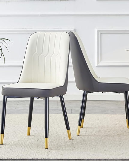 Modern Set of 2, Faux Leather Dining PU Upholstered Kitchen Chair with Black Golden Metal Legs for Home Living Room, Restaurant, 2 Piece, White+gray - LeafyLoom