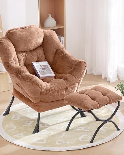 Oversized Chair with Ottoman, Removable Modern Chair with Folding Footrest, Comfortable Reading Chair for Bedroom, Study, Living Room, Courtyard (Plush Brown) - LeafyLoom