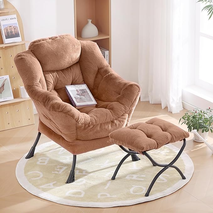 Oversized Chair with Ottoman, Removable Modern Chair with Folding Footrest, Comfortable Reading Chair for Bedroom, Study, Living Room, Courtyard (Plush Brown) - LeafyLoom