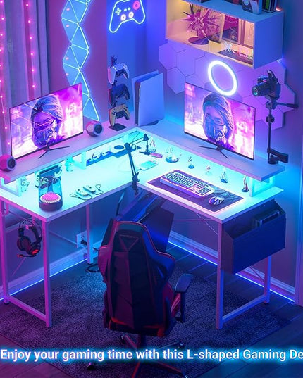 armocity L Shaped Computer Desk with Power Outlets, 40 Inch Small Gaming Desk L Shaped with LED Lights, Corner L Desk with Storage Shelves for Bedroom, Small Spaces, White - LeafyLoom