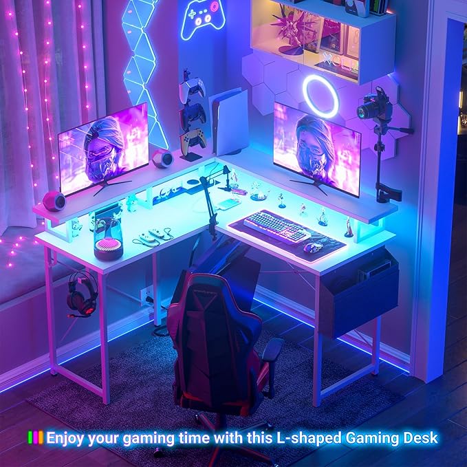 armocity L Shaped Computer Desk with Power Outlets, 40 Inch Small Gaming Desk L Shaped with LED Lights, Corner L Desk with Storage Shelves for Bedroom, Small Spaces, White - LeafyLoom
