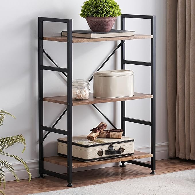 Bookshelf for Small Space, 3 Tier Wood Book Shelf and Bookcase with Metal Frame, Rustic Standing Unit Shelf Display Rack for Living Room/Home Office, Light Brown - LeafyLoom