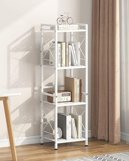JSB 4 Tier Metal Bookshelf Bathroom Storage Standing Shelf Unit Kitchen Storage Organizer Display Rack Bookcases Shelves for Living Room, Bedroom, Office (White, 4 Tier) - LeafyLoom