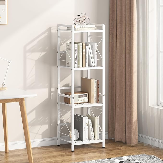 JSB 4 Tier Metal Bookshelf Bathroom Storage Standing Shelf Unit Kitchen Storage Organizer Display Rack Bookcases Shelves for Living Room, Bedroom, Office (White, 4 Tier) - LeafyLoom