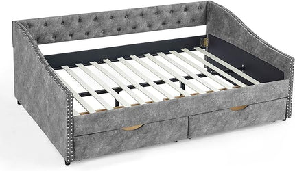 Full Size Upholstered Daybed with Two Drawers,Button Tufted Sofa Bed with Nailhead Trim, No Spring Box Need,for Bedroom,Livingroom,Small Space,Grey (80.5''x55.5''x27.5'') - LeafyLoom