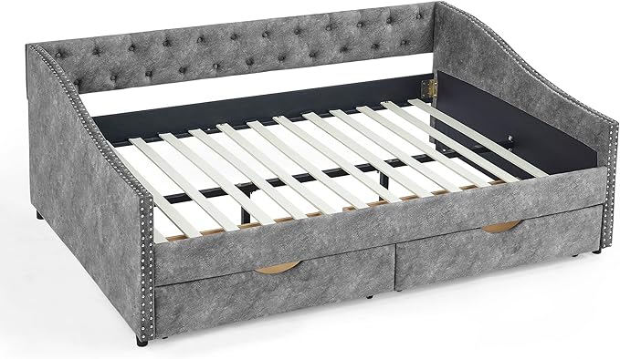 Full Size Upholstered Daybed with Two Drawers,Button Tufted Sofa Bed with Nailhead Trim, No Spring Box Need,for Bedroom,Livingroom,Small Space,Grey (80.5''x55.5''x27.5'') - LeafyLoom