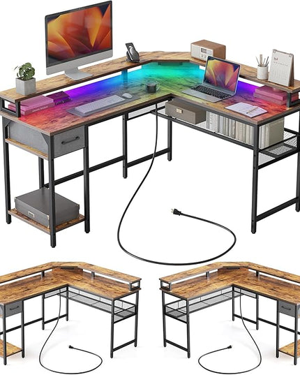 CubiCubi L Shaped Gaming Desk with LED Lights and Power Outlets, 58" Reversible Corner Computer Desk with Storage Shelves and Drawer, Home Office Desk with Monitor Stand, Rustic Brown - LeafyLoom