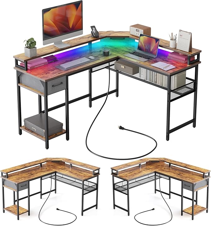CubiCubi L Shaped Gaming Desk with LED Lights and Power Outlets, 58" Reversible Corner Computer Desk with Storage Shelves and Drawer, Home Office Desk with Monitor Stand, Rustic Brown - LeafyLoom
